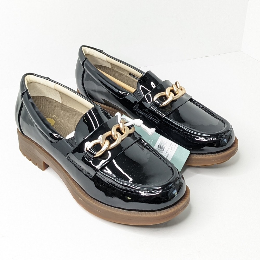 REVITALIGN Black Patent Loafers with Gold Chain Accent